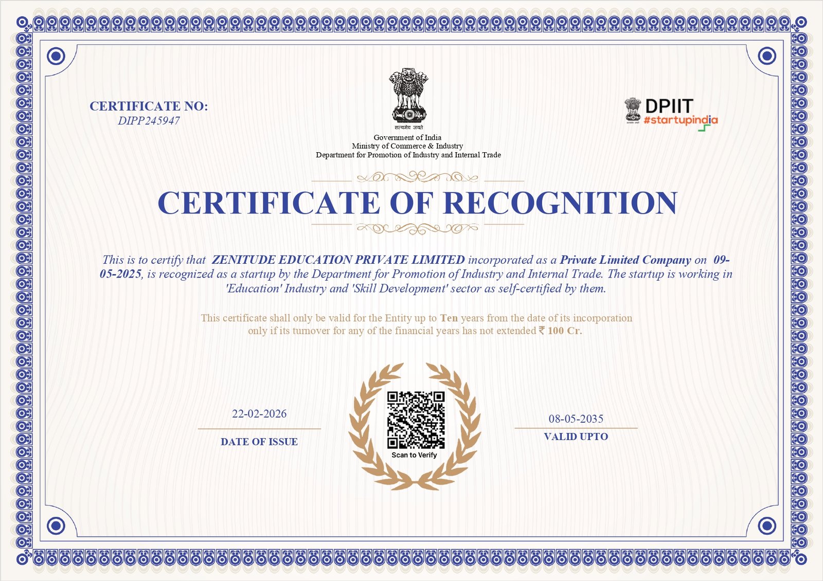 Govt. of India Startup India DPIIT Certified Certificate
